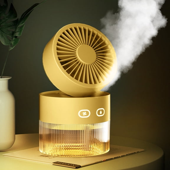 USB Humidifying Desk Fan - 3-Speed Cooling Fan with Atomizer, Foldable & Adjustable, Quiet 22dB, Night Light, Type-C Rechargeable (Yellow)