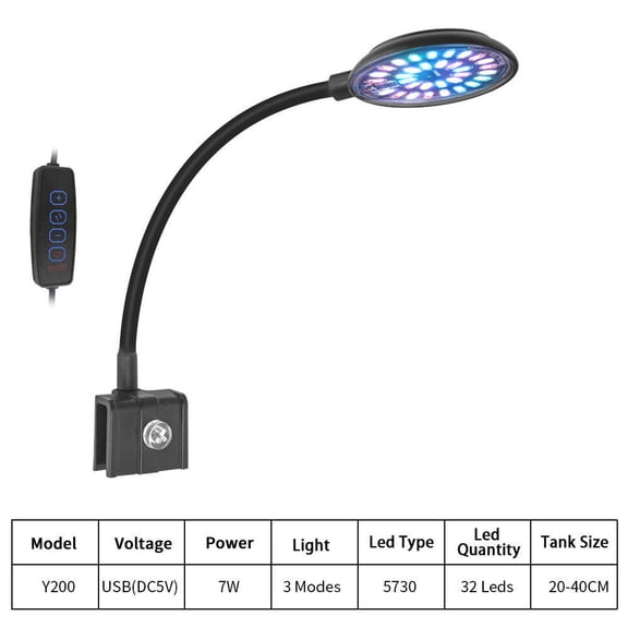 USB LED Aquarium Plant Light with Timer, Adjustable Gooseneck Clip-On Fish Tank Lamp for Reef Coral Marine Freshwater
