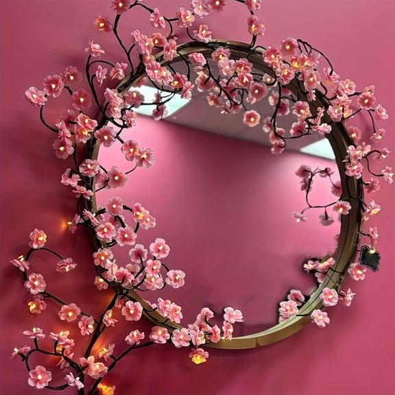 USB LED Cherry Blossom Vine String Lights with Remote Control, 8 Lighting Modes, 1.6m Garland for Bedroom Wall Tree Decor, 48 Lights