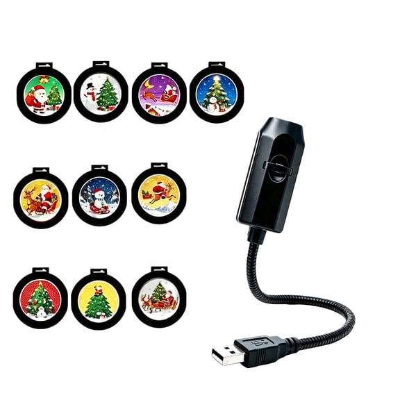 USB LED Projection Light with Changeable Slides and Flexible Neck for Christmas Decorative Displays in Vehicles or Indoors