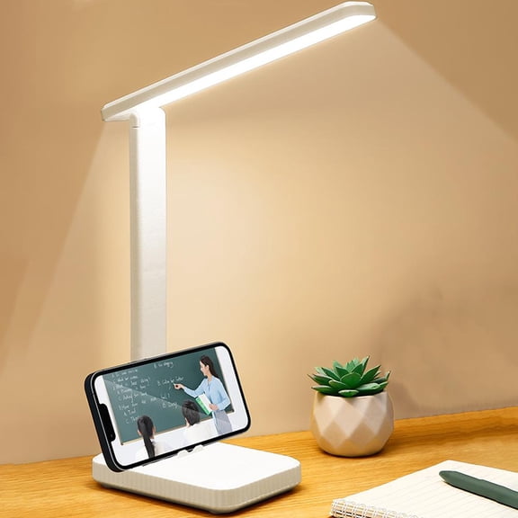 USB LED Reading Desk Lamp, Foldable Dimmable Table Light with Eye-Care Honeycomb Lens, 3 Color Modes, Touch Control, 180 Adjustable, Integrated Phone Stand