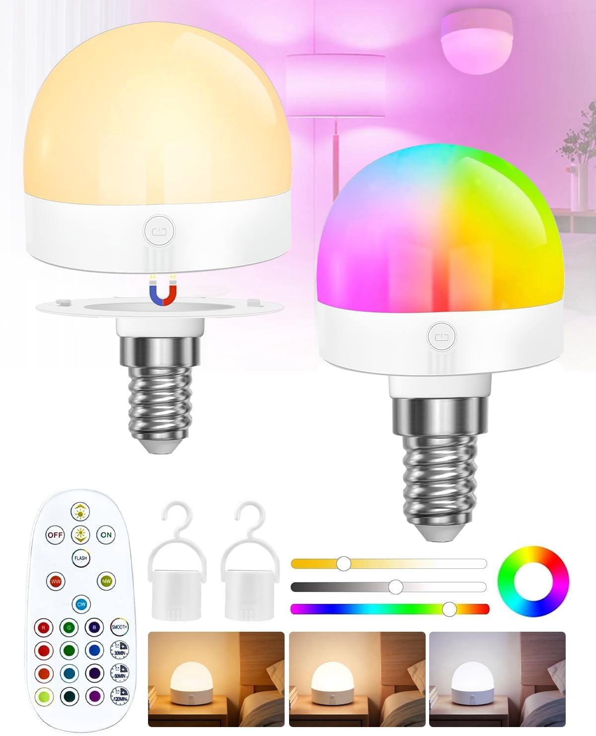 USB LED Rechargeable Light Bulb with Remote Control, Magnetic E12 Light Bulb,12 RGB Color Changing & 3 Color Temperature,2000mah,Dimmable Bulb with Timer Function for Wireless Table Lamps,2 Pack