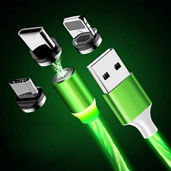 USB Magnetic Universal Charging Cable, LED Flowing Light Magnetic Cable For Apple, Samsung, Android - Green (2 Pack), New