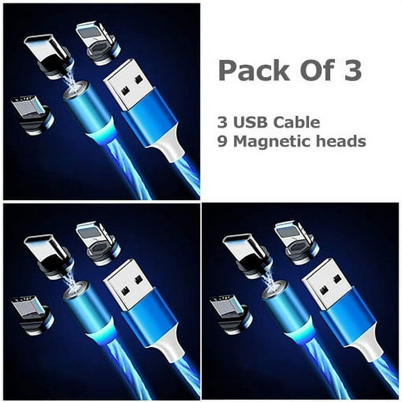 USB Magnetic Universal Charging Cable, LED Flowing Light Magnetic Cable For Apple, Samsung, Android - Multi-color (3 Pack), New