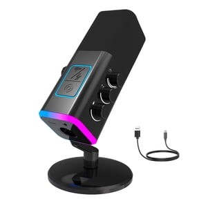 Behome 360° XLR USB Microphone, Podcast Microphone with RGB Light, Noise Cancellation, Volume Adjustment, Mute Button, Earphone Jack, Gaming Microphone,Balck