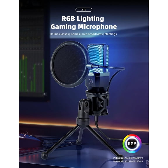 USB Microphone with RGB Lighting and Flexible Tripod for Streaming Recording