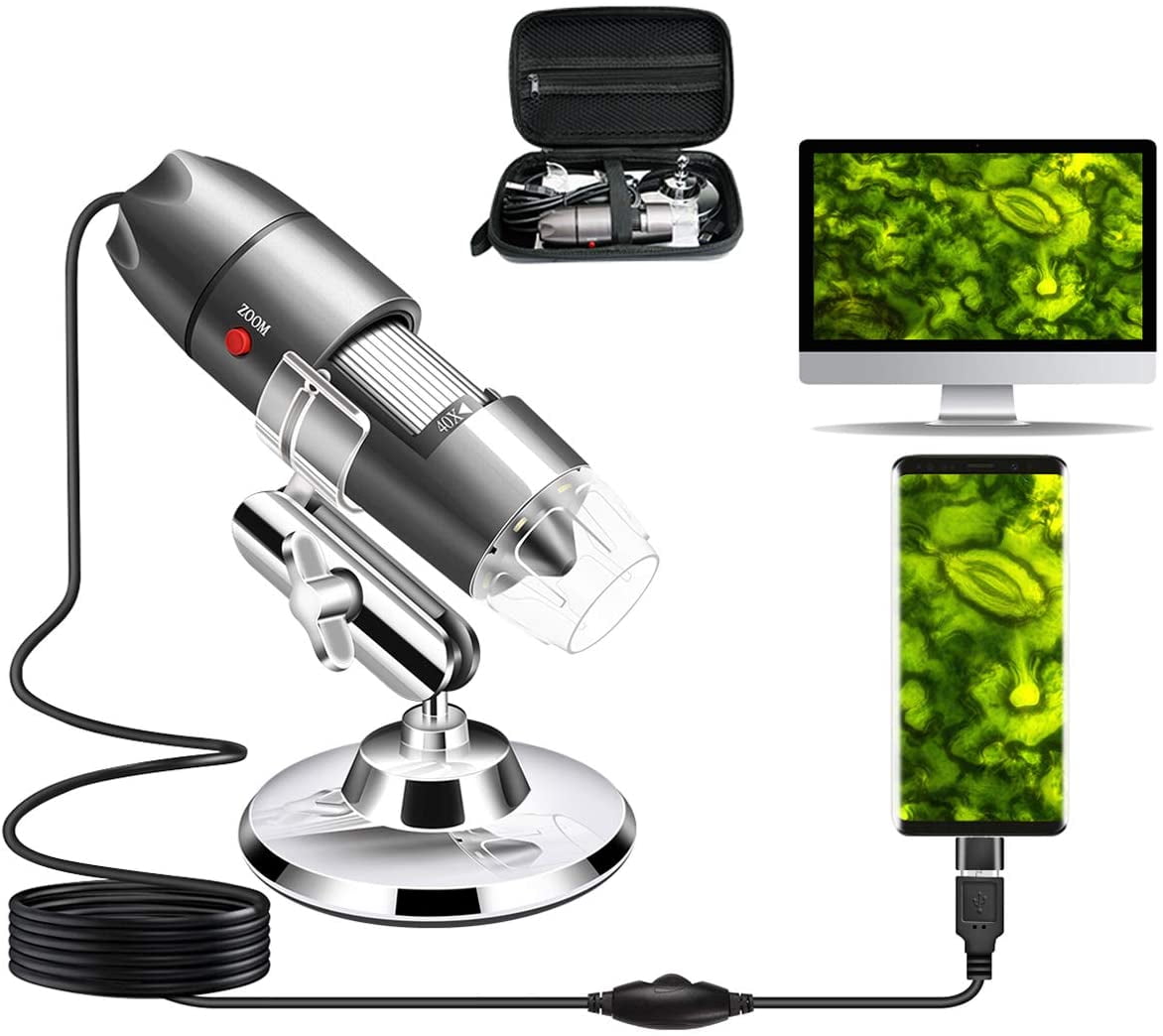 USB Microscope Camera with Stand & Carrying Case, Digital Microscope Compatible with Android Windows Linux Mac, Portable Magnifier Camera for Kids Students Adults(Not for iPhone/iPad)