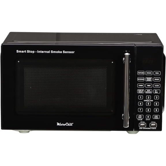 USB Microwave with Smoke Sensor, 2 USB Ports, Door Lock, 6 Cook Settings, Mute Function, Express Cook, +30 Seconds Function, Auto Defrost, Timer, Eco Mode, Easy Clean Dark Grey Interior.