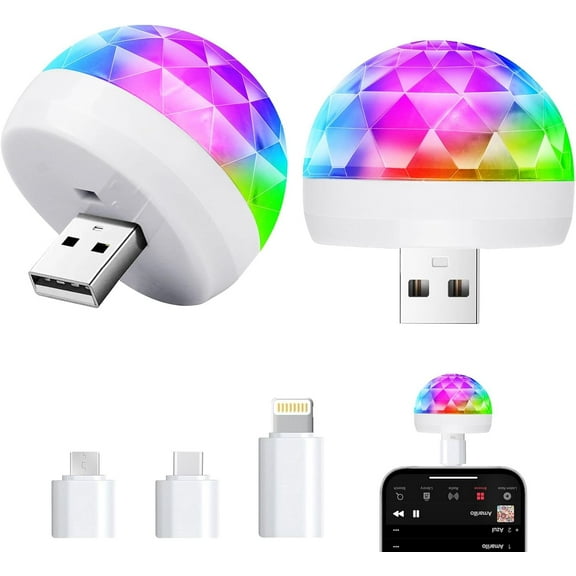 USB Mini Disco Ball Light, Sound Activated Party Light for Karaoke Car,  Party Decorations for Birthday Halloween Christmas (2 Packs)