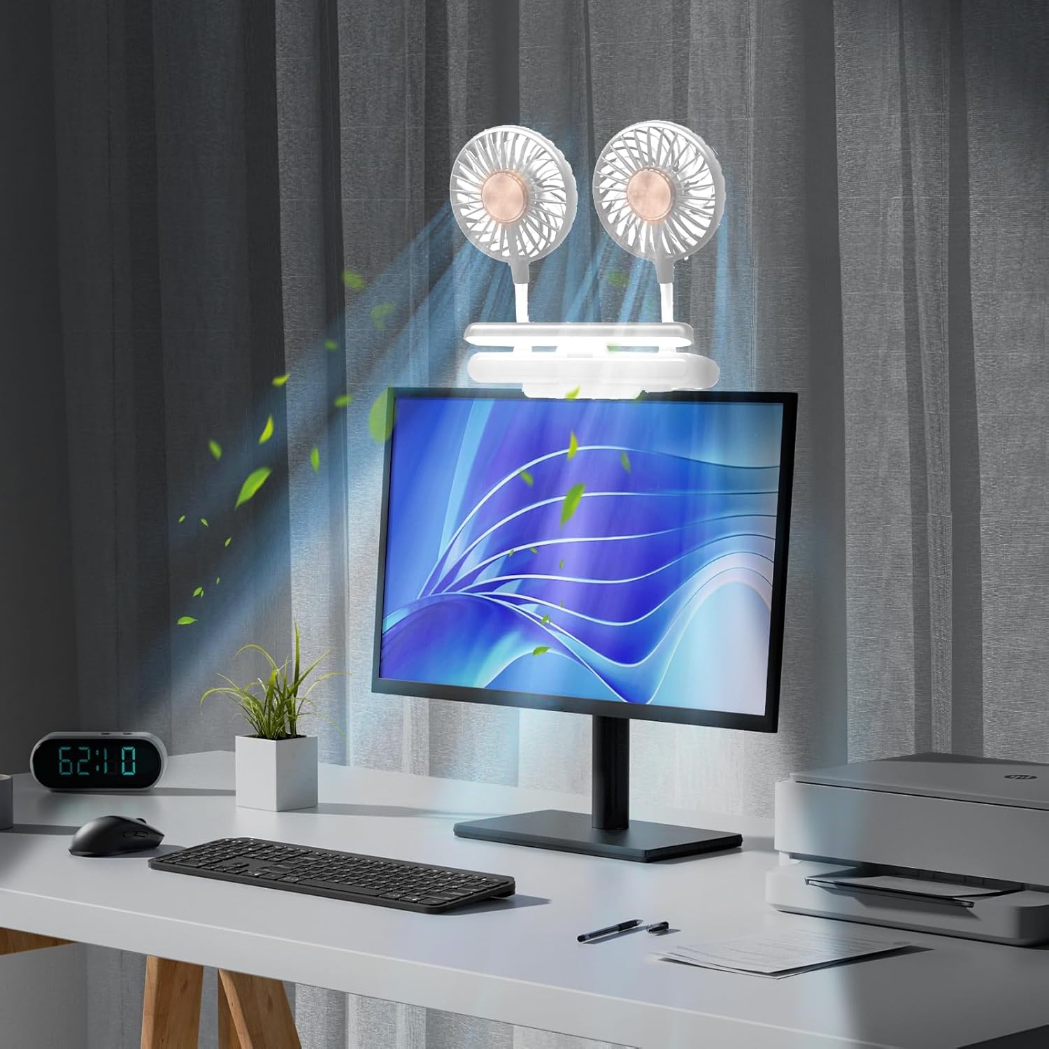 USB Monitor Clip on Fan via FlipOpen LED Light Bar, TwoHead Personal