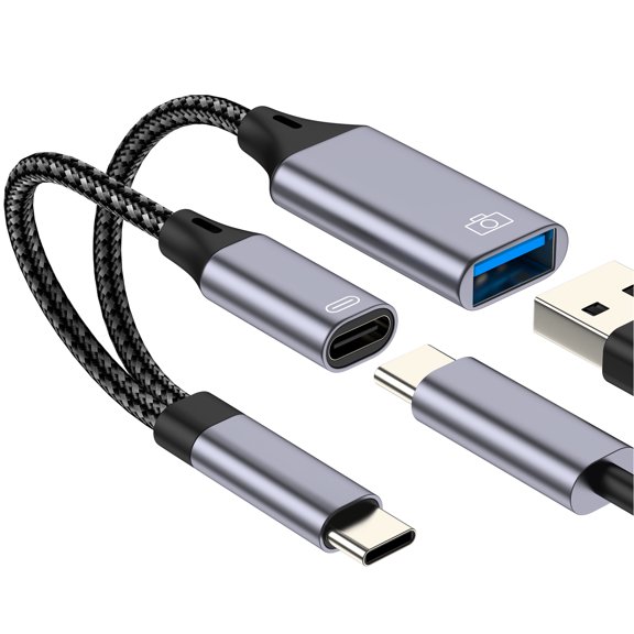 USB OTG Cabl Adapter USB-C Splitter for iPhone 17 16 15 Pro Max Compatible with Samsung Type-C Charging Port for iPad Android Digital Camera Converter Flash Drive Card Reader Data Transfer Connector