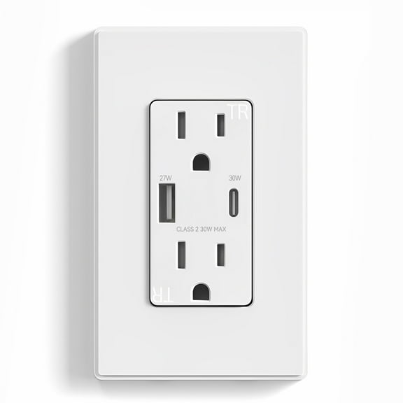 Hyper Tough 15A/30W Dual USB Types A & C Fast Charging Wall Outlet, Tamper Resistant , Wall Plate Included, White