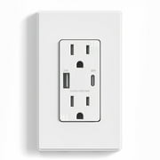 Hyper Tough 15A/30W Dual USB Types A & C Fast Charging Wall Outlet, Tamper Resistant , Wall Plate Included, White
