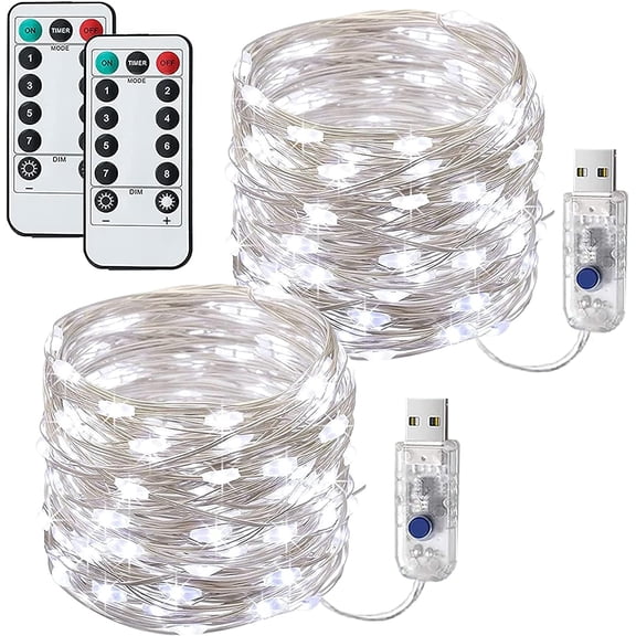 USB Operated Copper Fairy Lights, 2 Pack 16Ft 50 LED Outdoor Fairy String Lights with Remote, 8 Modes Silver Wire Twinkle Lights for Bedroom, Dorm, Patio, Christmas, Party, Indoor (Cold White)