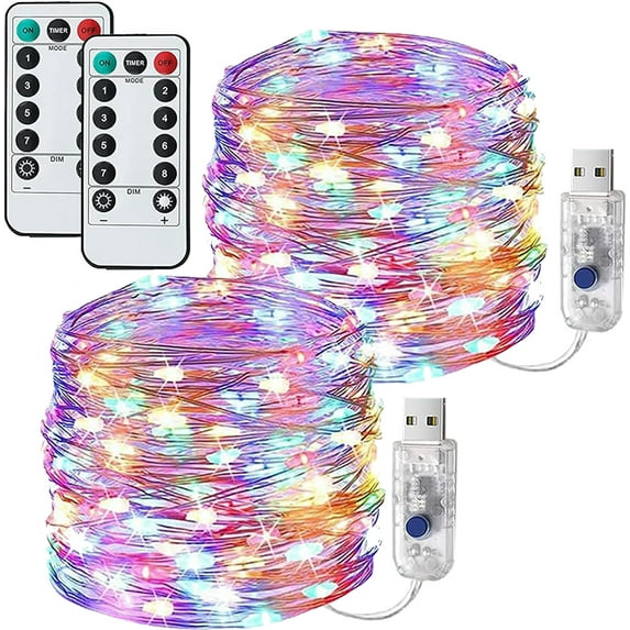 USB Operated Copper Fairy Lights, 2 Pack 66Ft 200 LED Outdoor Fairy String Lights with Remote , 8 Modes Silver Wire Twinkle Lights for Bedroom, Dorm, Patio, Christmas, Party, Indoor (Multi-colored)