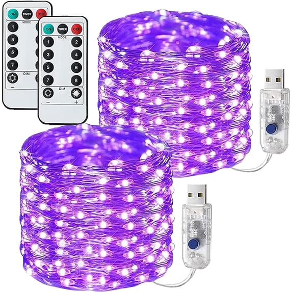 USB Operated Copper Fairy Lights, 2 Pack 66Ft 200 LED Outdoor Fairy String Lights with Remote & Timer, 8 Modes Silver Wire Twinkle Lights for Bedroom, Dorm, Patio, Christmas, Party, Indoor (Purple)