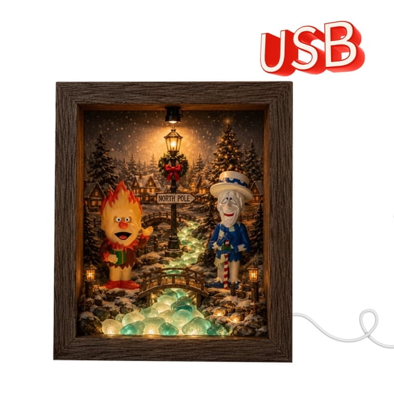 USB Operated Heat and Snow Miser Shadow Box Night Light,Heat Miser & Snow Miser shadow box with lights,Lighthouse Inspired Warm Glow Lamp,Decorative Handmade Frame Christmas Home Ornament