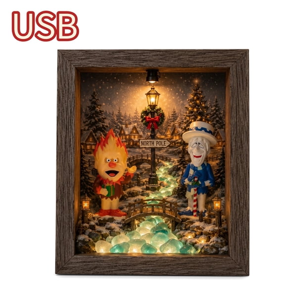 USB Operated Heat and Snow Miser Shadow Box Night Light,Heat Miser & Snow Miser shadow box with lights,Lighthouse Themed Warm Glow Lamp,Decorative Bedroom Entryway Christmas Display Light