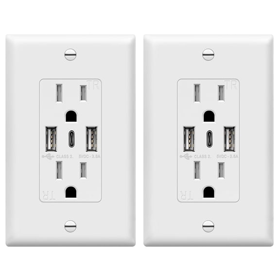 USB Outlet, 3-Port Type C 3.6A 18W Wall Outlet, 15 Amp Receptacle, Charging Power Outlet with USB Ports, Compatible with iPhone 17 Series & More, UL Listed, TU21536AC3-2PCS, White, 2 Pack