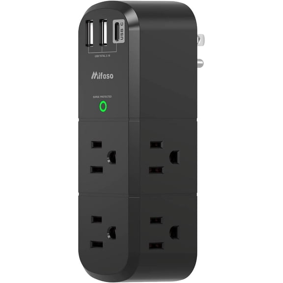 USB Outlet Extender Sur Protector - with Rotating Plug, 1800 Joules, 6 AC Multi Outlet and 3 USB Ports (1 USB C), 3-Sided Swivel Power Strip with Spaced Splitter for Home, Office, Travel