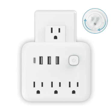 USB Outlet Extender Surge Protector - Multi Plug Outlet with Rotating Plug, 3-Sided Swivel Power Strip with 3 AC Spaced Outlet Splitter and 3 USB Ports (1 USB C) for Travel, Home, Office,ETL（White）