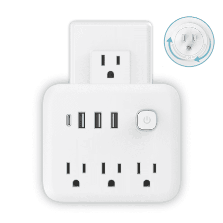 USB Outlet Extender Surge Protector - Multi Plug Outlet with Rotating Plug, 3-Sided Swivel Power Strip with 3 AC Spaced Outlet Splitter and 3 USB Ports (1 USB C) for Travel, Home, Office,ETL(White)