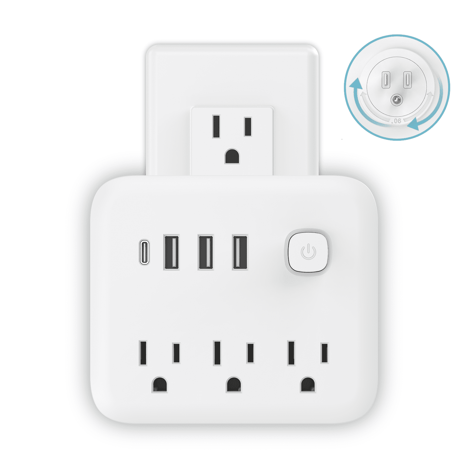 USB Outlet Extender Surge Protector - Multi Plug Outlet with Rotating Plug, 3-Sided Swivel Power Strip with 3 AC Spaced Outlet Splitter and 3 USB Ports (1 USB C) for Travel, Home, Office,ETL（White）