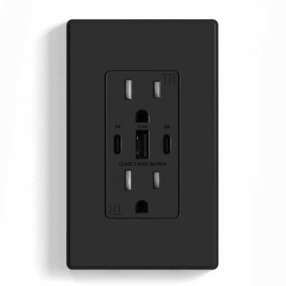 USB Outlets, 30W 6.0 Amp USB C Outlets Receptacles, 3-Port USB Wall Outlet, 15 Amp Tamper-Resistant Outlet with 2 USB C Ports, UL Listed, Screwless Wall Plate Included, 1 Pack, Matte Black
