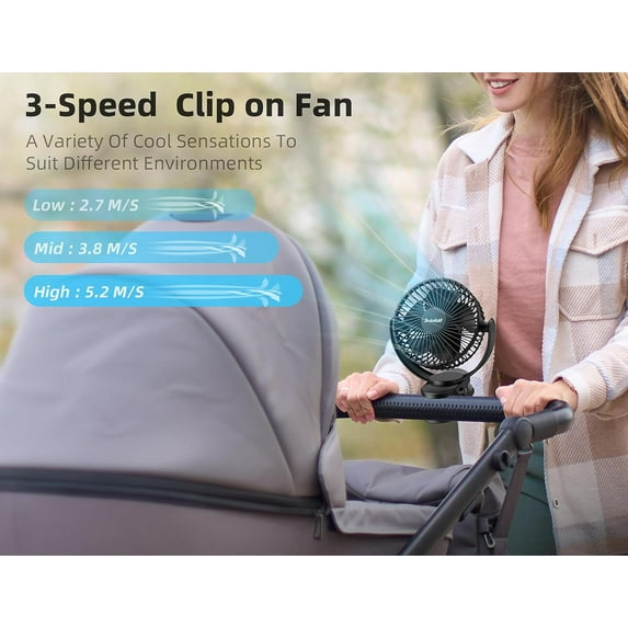 USB Personal Clip on Fan 5000mAh Battery Operated 6in, Type C, 3 Speed, 720° Adjustment, Portable Fan for Table, Bedroom, Desk, Dormitory, Camping, Stroller, Cart