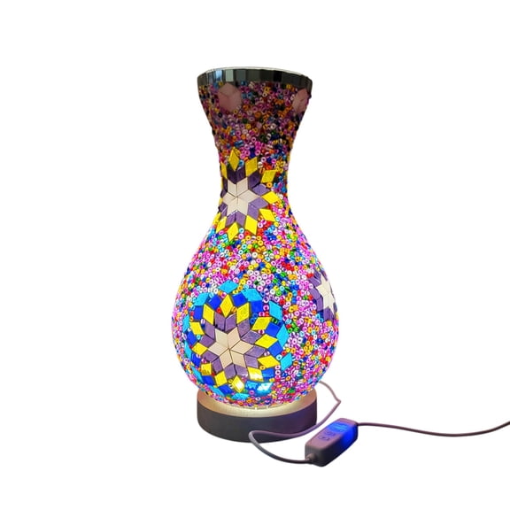 USB Plug-In Glass Vase Night Light With Wooden Base Mediterranean Style Multicolor 13.77 Inches