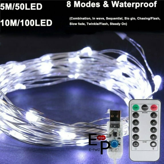 USB Plug Twinkle LED String Fairy Lights Silver Wire With Remote 50 100 ...