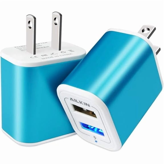 USB Plug in Wall Charger, Charging Block, 2Pack 2.1A Fast Charge Dual Port Power Adapter Cube Box Brick Base Compatible with Phone, Pad, LG, Honor, Samsung, Kindle Fire, Blue, All USB - Blue