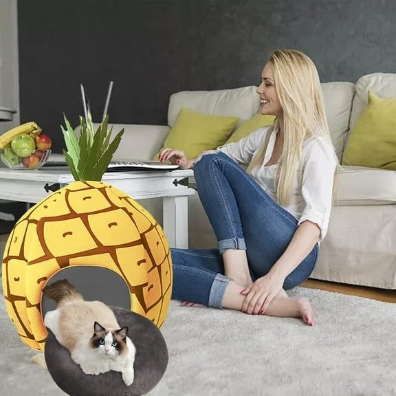 USB Plug-in Pineapple Heated Cats Litter Winter Cotton Fleece Warm USB Heated Pet Litter Dog Kennel Pineapple House Winter Cats House