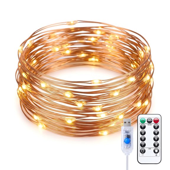 USB Plug-in String Lights with Remote, 33 ft 100 LED Timer Lights, Waterproof 8 Modes, for Bedroom, Indoor Wreath, DIY Decor, Party, Wedding, Holiday, Christmas, Ramadan, Home Ambiance