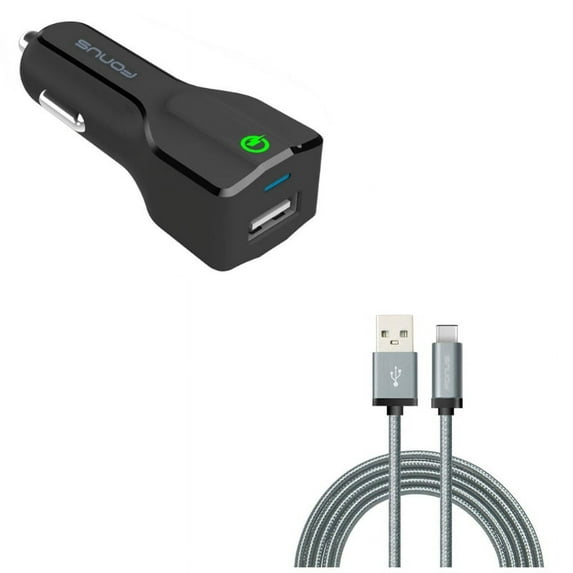 USB Port Fast 18W Car Charger w Charger Cord Type-C 6ft USB Cable R2W for LG Stylo 5 4 Plus - Microsoft Surface Go (10"), Lumia 950 - Motorola One, Moto Z4 Z3 Play Z2 Play Z Play Droid Force