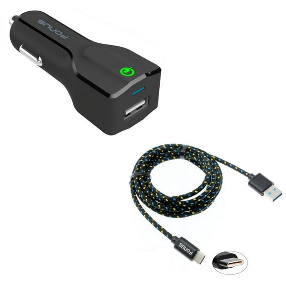 USB Port Fast 18W Car Charger w Charger Cord Type-C 6ft USB Cable W6E for Samsung Galaxy A9 A50 A20 A10e - Sonim XP8 XP3 - Sony Xperia XZs XZ3 XZ1 XA1 L1 - Xiaomi Mi Mix 2 9
