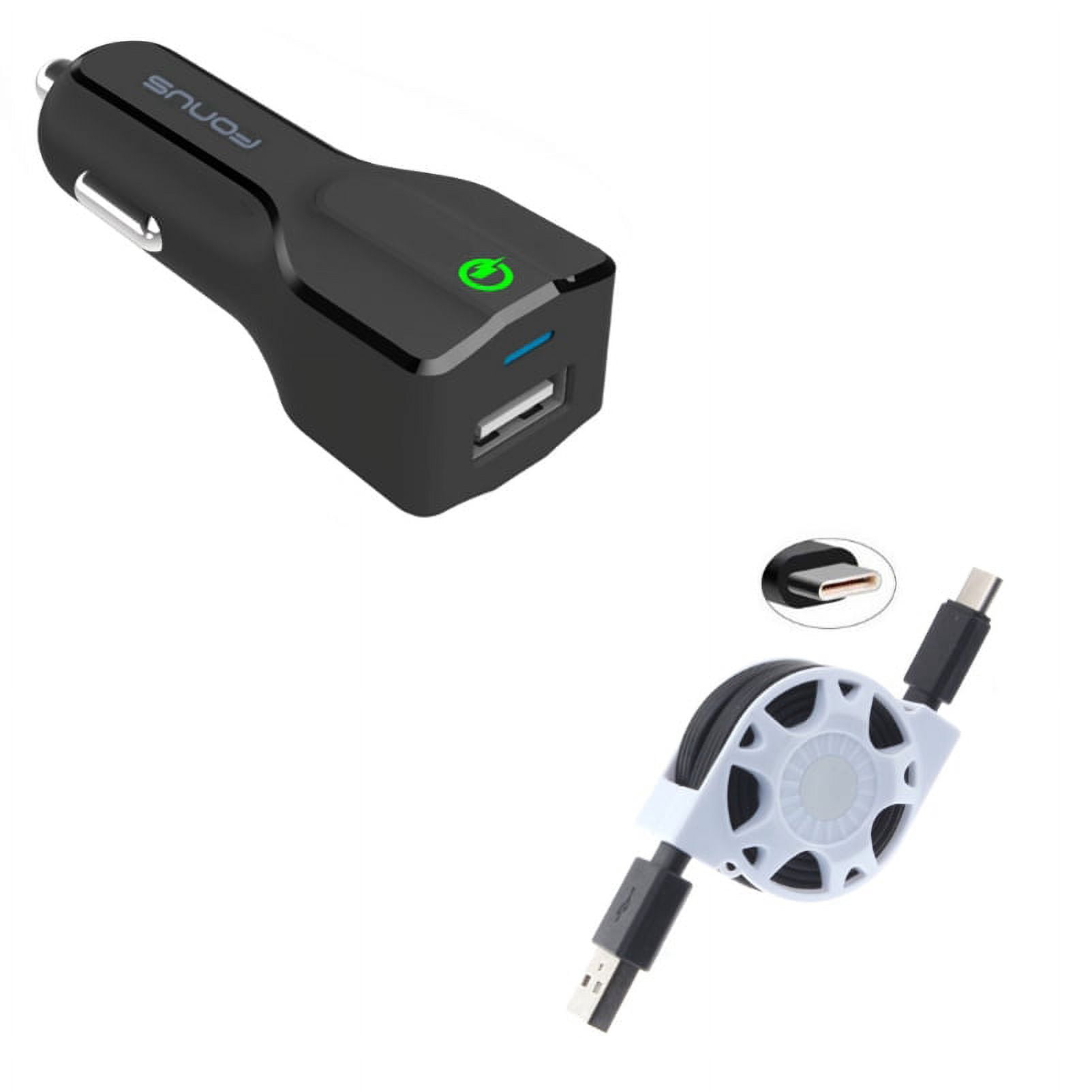 USB Port Fast 18W Car Charger w Type-C Retractable USB Cable G8Q for LG Stylo 4 Plus - Microsoft Surface Go (10"), Lumia 950 - Motorola One, Moto Z4 Z3 Play Z2 Play Z Play Droid Force Droid X4