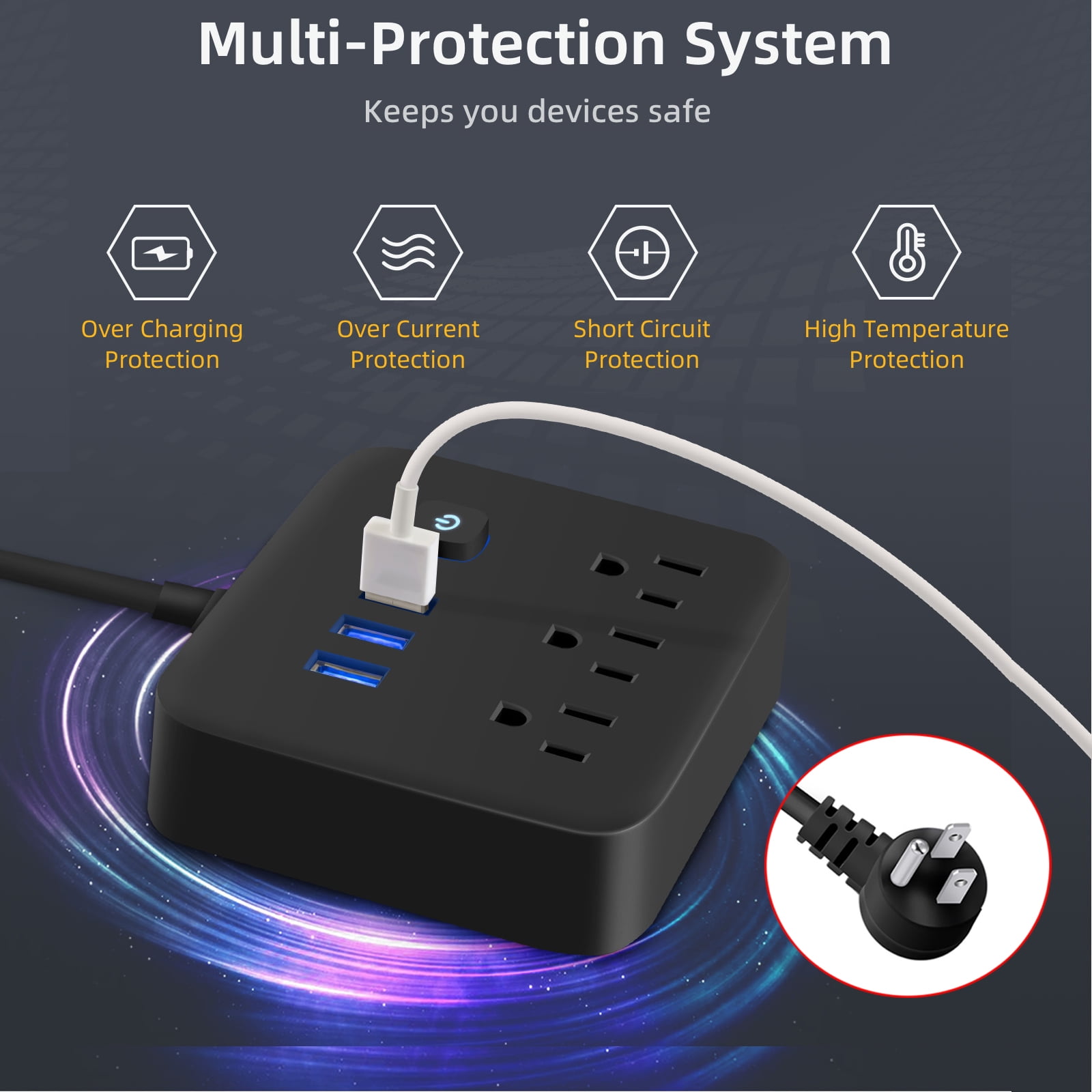 USB Power Strip, Flat Plug Power Strip Extension Cord with 3 Outlets 3