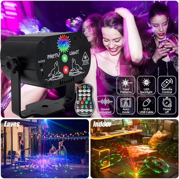 USB-Powered 60-Patterns 240 Conbination Effects Stage Light Party Light UV & RGB Backlight Remote Control for Indoor Events, Birthdays, Halloween, Karaoke, Club, and KTV (R60) (Matte Black)
