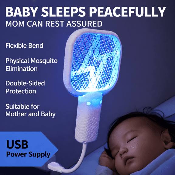 USB Powered Electric Mosquito Swatter with Night Light, Portable Handheld Bug Zapper Racket, 3-Layer Safety Mesh Fly Killer, Indoor Outdoor Insect Swatter for Home Camping, Pink