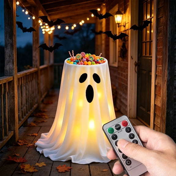 USB Powered Halloween Ghost Candy Bowl Stand with Remote, 29.9in Glowing Ghost Candy Holder, Indoor Outdoor Decor for Porch, Yard & Doorway