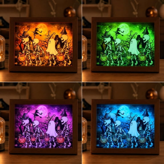 USB Powered Halloween LightUp Picture Frame Artwork, Threelevel Dimmable Skeleton Ghost Castle Printed Decor, Wallmounted and Tabletop Ornament for Spooky Home Party Ambiance