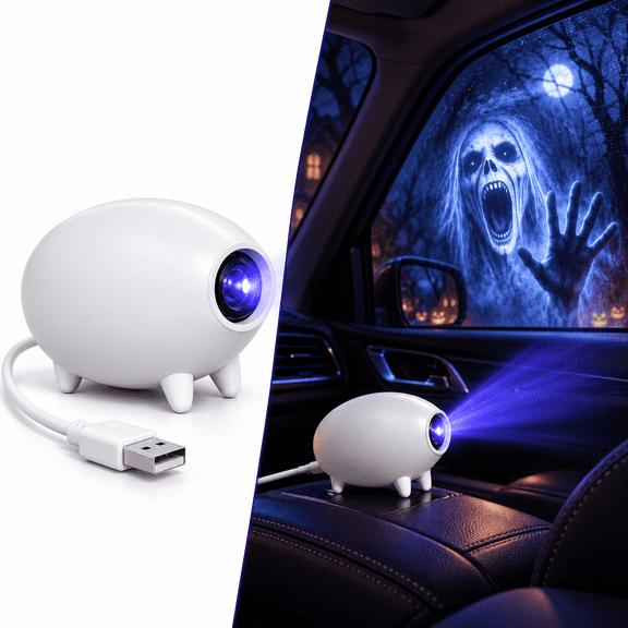 USB Powered Halloween Window Projector with 16 Scary Films, Compact 360 Degree Adjustable Ghost Projection Light for Car Window Decor and Haunted House Parties