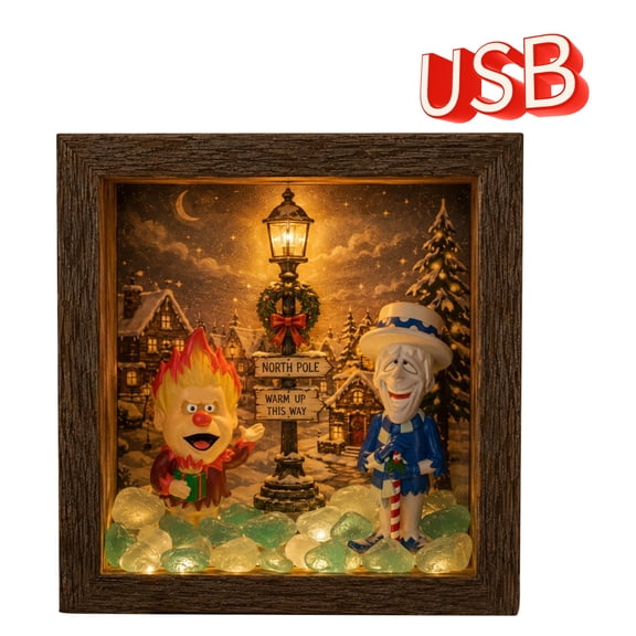 USB Powered Heat and Snow Miser Shadow Box Night Light,Heat Miser & Snow Miser shadow box with lights,Decorative Warm Glow Ambient Lamp,Handmade Art Frame Christmas Indoor Home Decor