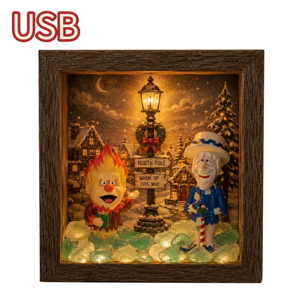 USB Powered Heat and Snow Miser Shadow Box Night Light,Heat Miser & Snow Miser shadow box with lights,Handmade Art Frame Christmas Shadow Box,Soft Warm Glow Shelf Decor Ambient Lamp