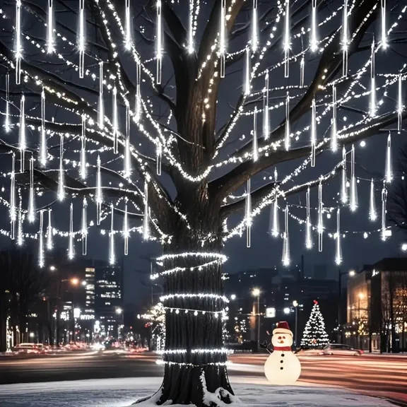 USB-Powered LED Meteor Shower, 8 Tubes Meteor Rain Lights, 192 LEDs Rain Drop Lights, IPX4 Hanging Decorative String Lights for Garden Street Roof Halloween Christmas Tree Decorations