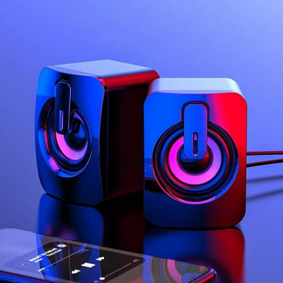 USB Powered Mini Computer Speakers with RGB Lights, 3.5mm Audio Jack for Desktop PC Laptop and Phone, Pair of 2