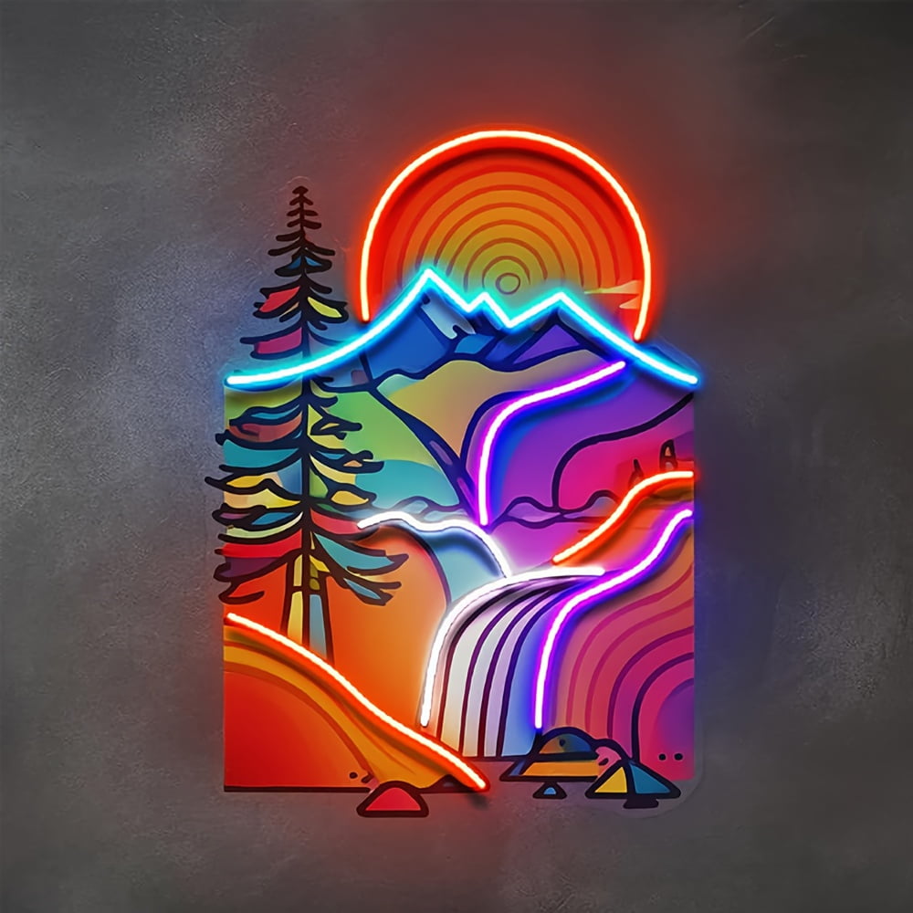 USB-Powered Neon Mountain Wall Lamp - Vibrant Sunset Landscape with Pine Trees & Waterfall, Abstract Pop Art Wall Decor for Home, Office, Cafe or Restaurant. Colorful Plastic Wall-Mounted Neon Sign L