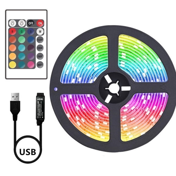 USB Powered RGB LED Strip Lights with Remote Control, 30 LEDs Per Meter Dimmable Color Changing Tape Light for Bedroom, TV Backlight, Home DIY Decor, IP20 Non-Waterproof Indoor Lighting