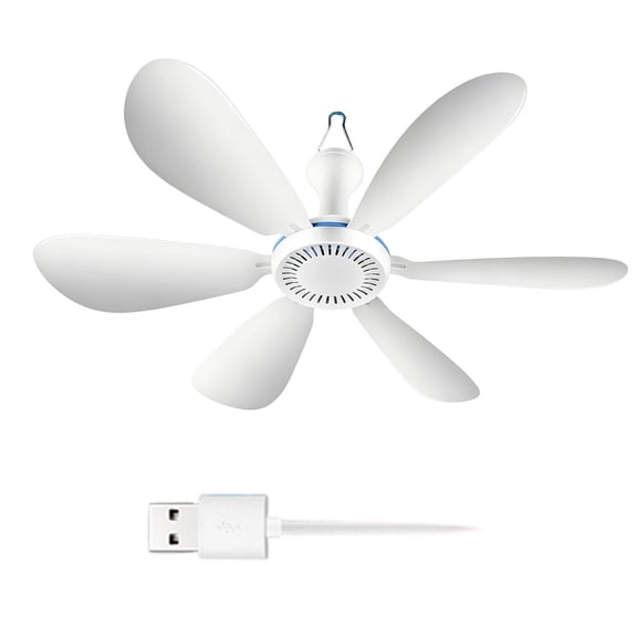 USB Powered Remote Control Portable Hanging Ceiling Fan Six Detachable Blades Drill Free Hook Mount Compact Cooler for Cruise RV Tent Dorm Small Space Ventilation
